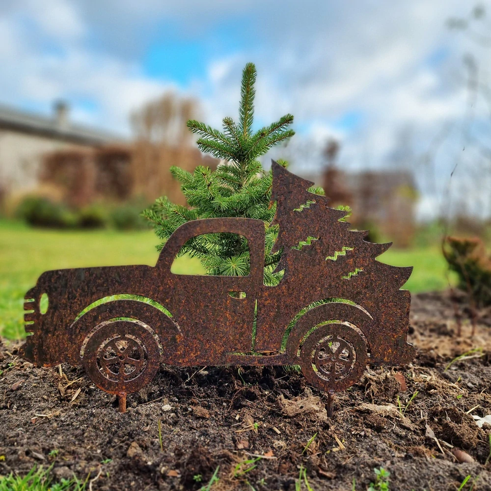 Zahradní kovová dekorace rezavá Auto se stromečkem