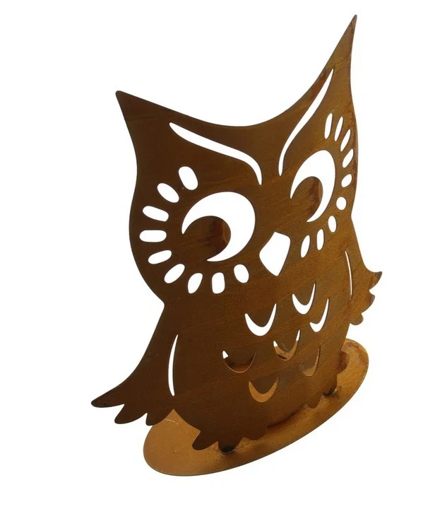 Kovový stojan na svíčku Sova rezavý VÝPRODEJ