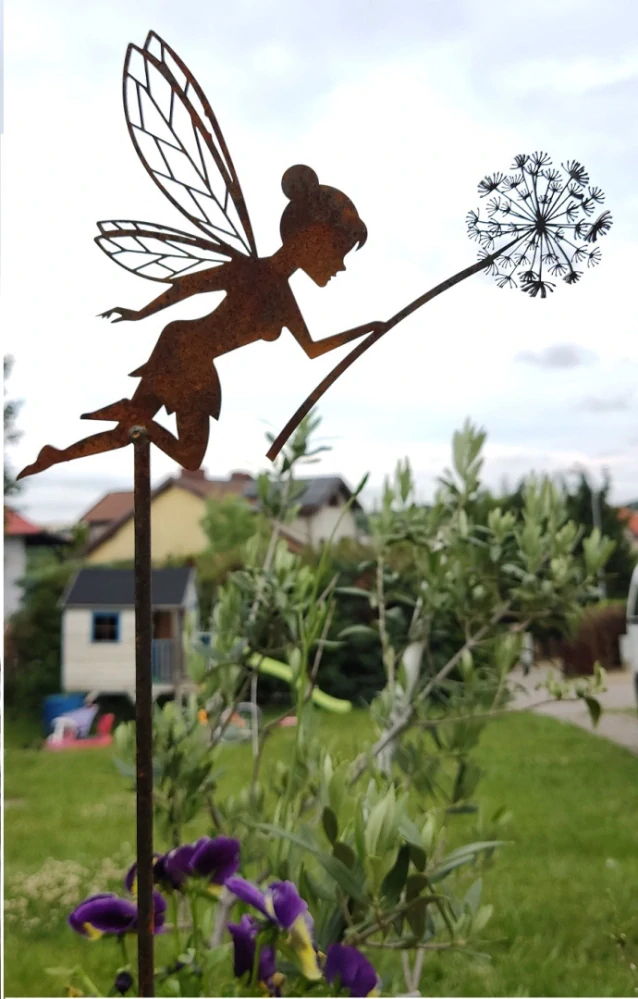 Zahradní kovový zápich rezavý Víla s pampeliškou 60 cm