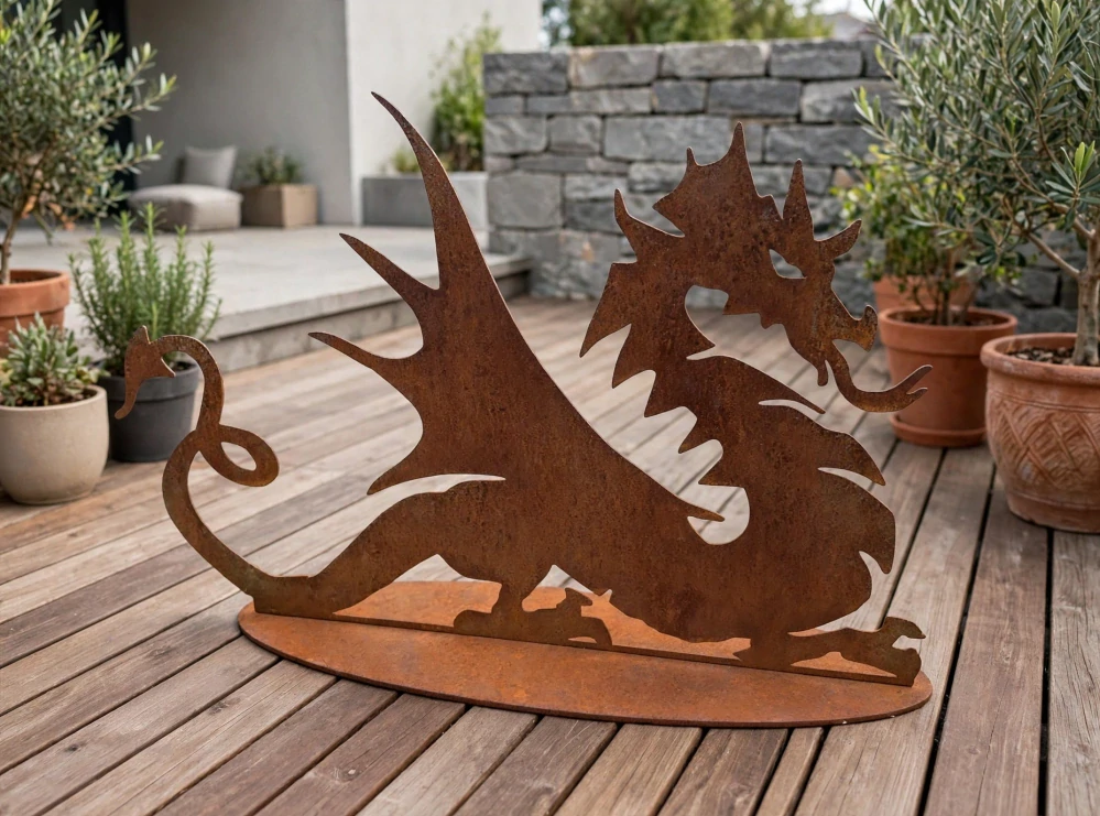 Zahradní kovová dekorace Drak na podstavci corten výška 40 cm