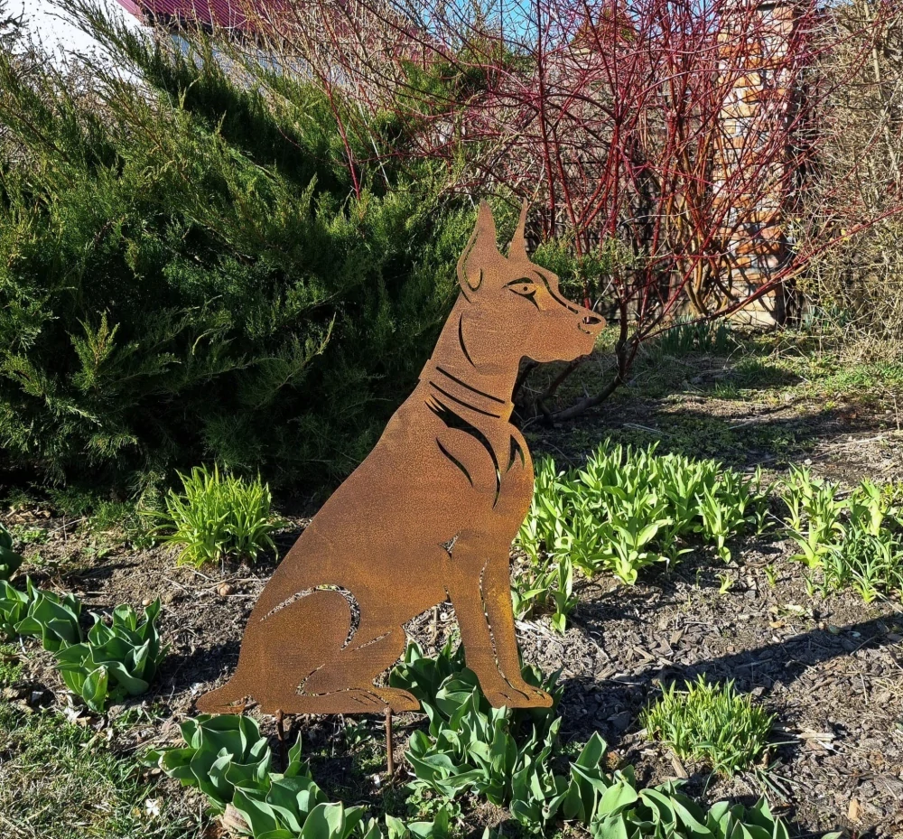 Kovová dekorace do zahrady Dobrman rezavý