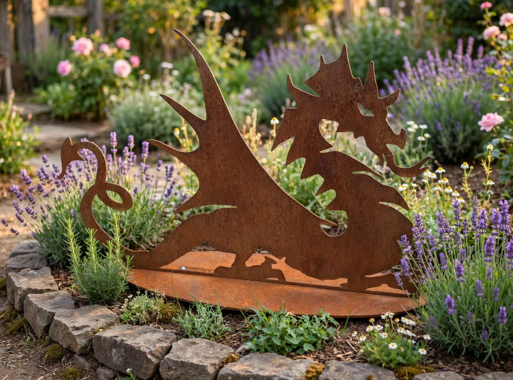 Zahradní kovová dekorace Drak na podstavci corten výška 40 cm