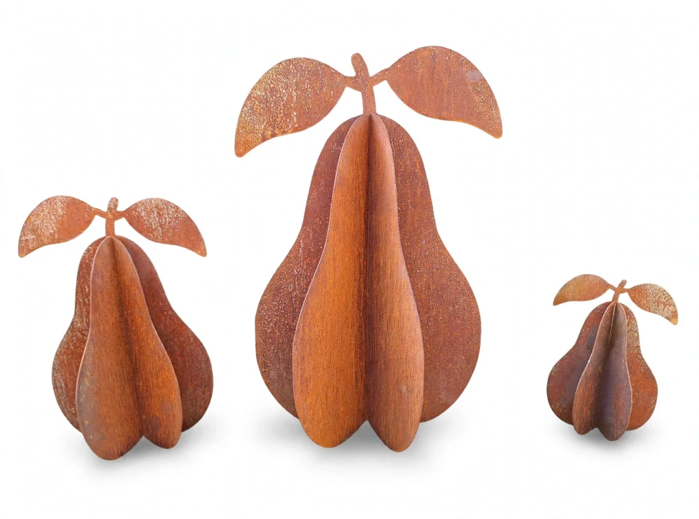 Kovová zahradní dekorace Hruška 3D malá 29 cm corten
