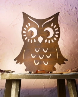 Kovový stojan na svíčku Sova rezavý VÝPRODEJ