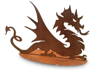 Zahradní kovová dekorace Drak na podstavci corten výška 40 cm